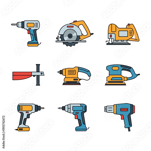 Set of 9 various construction and DIY power tools icons on white