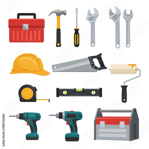 Construction Tools Set: Hammer, Saw, Drill, Wrenches, Helmet, Toolbox, Tape Measure