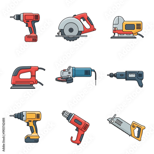 Collection of Power Tools Icons: Drill, Saw, Sander, Grinder, Jigsaw, Heat Gun