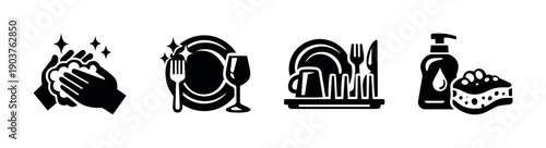 Dishwashing icons: hands, dishes, soap, and sponge - flat vector illustration
