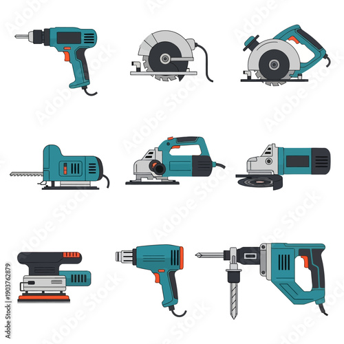 Collection of Power Tools: Drill, Saws, Grinder, Sander, Heat Gun