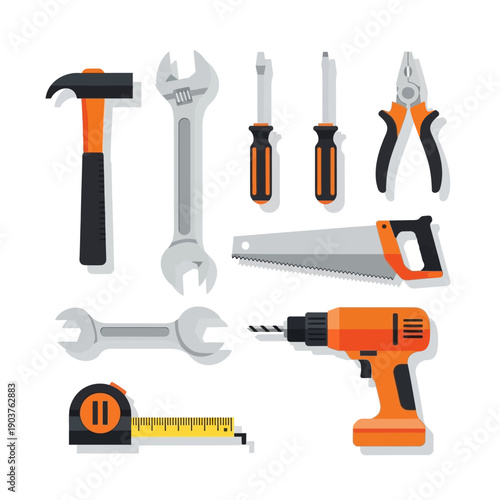 Set of assorted hand tools and power drill on white background, flat design