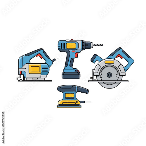 Power Tool Set: Jigsaw, Drill, Circular Saw, Sander - Vector Illustration