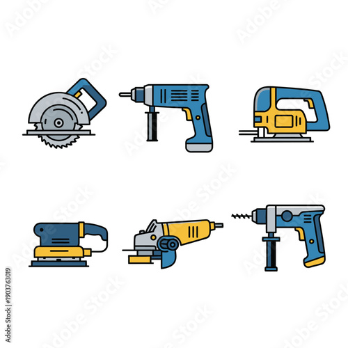 Set of colorful power tools with circular saw, drill, jigsaw, sander