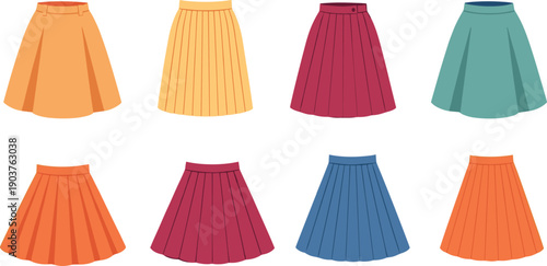 Colorful Women Skirt Vector Icon Set with Pleated Styles for Fashion Design, Clothing Catalogs, and Apparel Graphics.