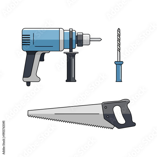 Power drill, hand saw, and drill bit set on white background