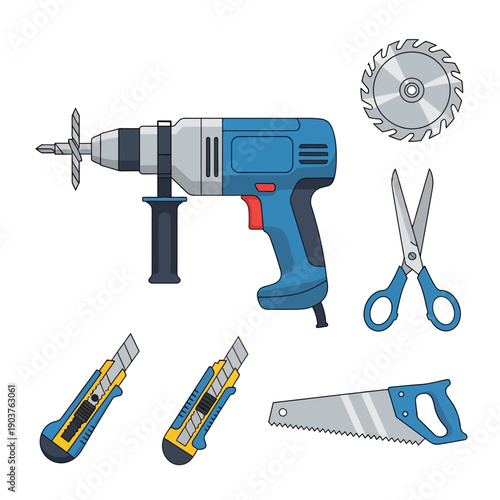 Collection of assorted hand tools: drill, saw, scissors, utility knives, circular saw blade