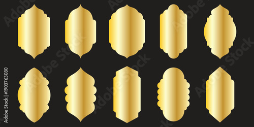 Islamic golden frames collection. Traditional Arabic door and window frames. Oriental mosque arch in luxury style. Set of outline Arabic golden frames and windows with Islamic geometric pattern