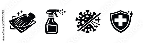Cleaning and sanitizing icons with virus and shield symbols, flat vector illustration