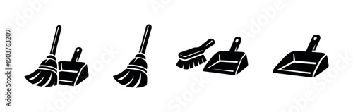 Broom and dustpan cleaning tools set, flat vector illustration