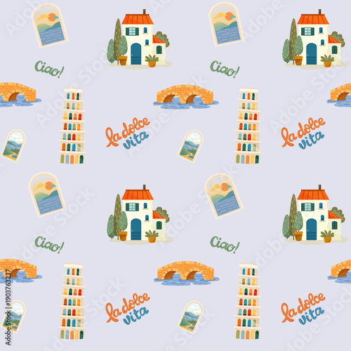 Italian coastal architecture seamless patterns with Pisa tower and villas