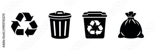 Recycling and waste management icons, flat vector illustration