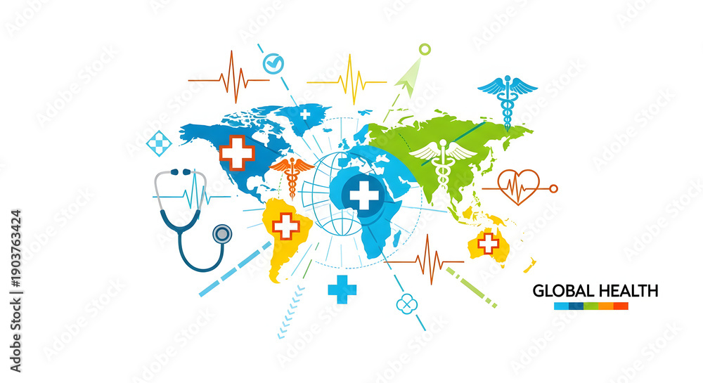 Fototapeta premium Global Health Initiatives Illustrated on World Map with Medical Symbols and Icons