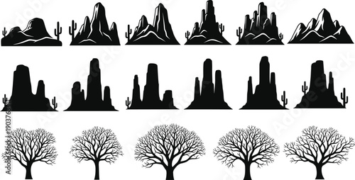 Desert landscape silhouette set, black rock mountain vector collection, isolated cactus and tree icons for nature design illustration, western, canyon, dry, stone.
