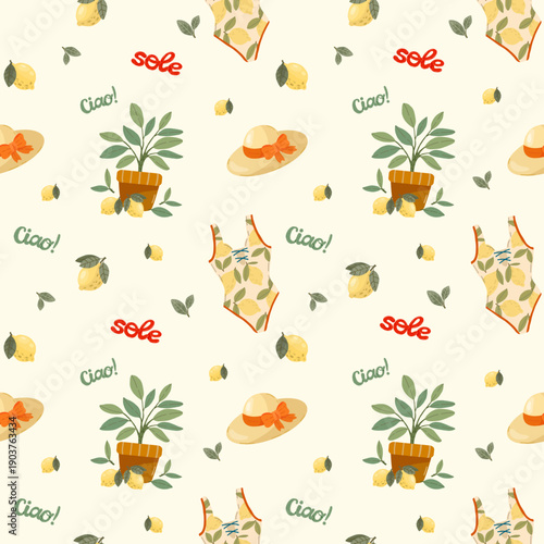 Italian summer seamless patterns set with Mediterranean lifestyle icons
