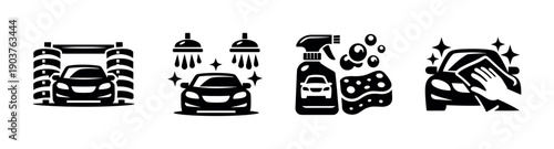 Car wash and cleaning icons set in black and white, flat vector illustration