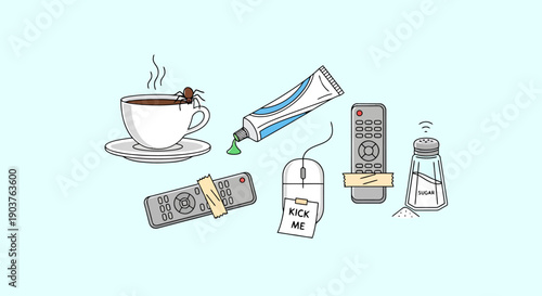 Humorous still life arrangement of everyday objects in unexpected and funny compositions for concept backgrounds