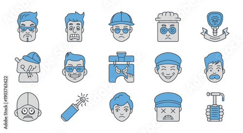 Collection of Diverse Stylized Human Character Face Icons Depicting Various Professions and Emotions for Digital Applications and Web Design Elements