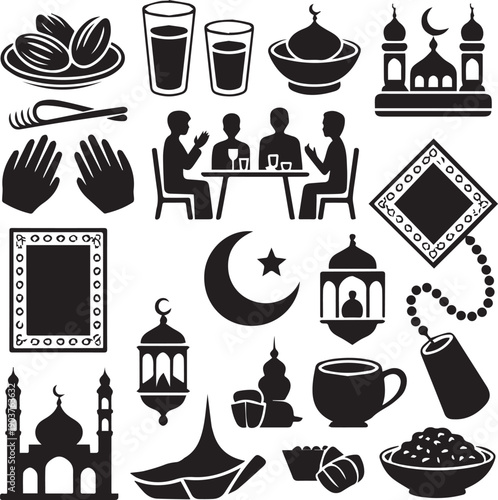 Ramadan icons set with mosque lanterns and dates