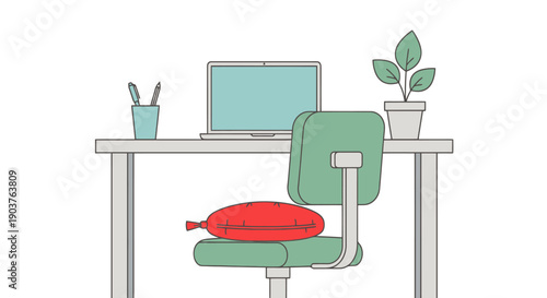 Modern home office workspace with a desk chair featuring a bright red inflatable cushion for ergonomic support and comfort during remote work