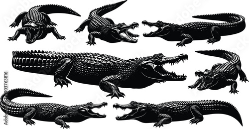Crocodile and alligator silhouette set, black reptile vector collection, isolated wild predator icons for mascot logo design, angry jaws, swamp, zoo.
