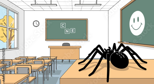 Spider sits on classroom desk with education symbols on board as student or fear concept scene