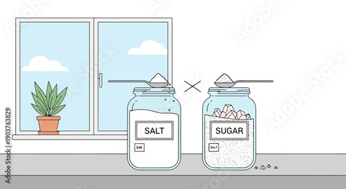 Two clear glass jars labeled salt and sugar sit on a counter next to an open window with a potted plant