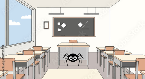 Cartoon spider stands in front of teacher desk in empty classroom with desks and blackboard showing geometry shapes for learning