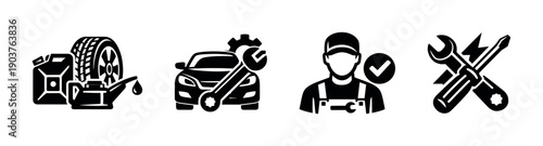 Car repair tools and mechanic with checkmark, flat vector illustration
