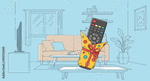 Home Entertainment Unit Remote Control Wrapped as a Present Suggesting a Gift For Television Or Streaming Service Viewer Convenience