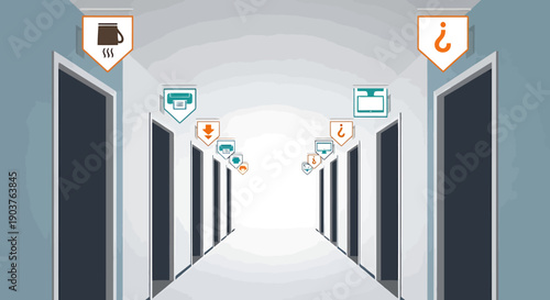 A long hallway opens up to a bright light with doors on either side featuring various icons symbolizing choices and opportunities for professional