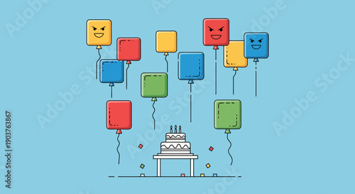 Celebration Scene With Square Balloons And Birthday Cake Graphic Design For Party Occasion