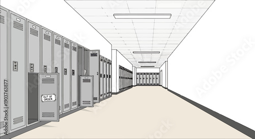 Empty School Hallway Perspective With Rows Of Metal Lockers Leading To Distant Room Entrance
