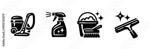 Cleaning tools and supplies icons, flat vector illustration