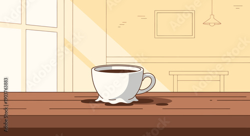 Morning Sunrise Warming A Cozy Room With A Steaming Cup Of Coffee Sitting On A Wooden Table