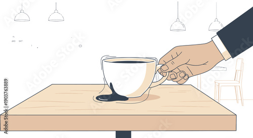 Hand holding cup of spilled coffee on wooden table in cafe interior with ceiling lights and chairs background concept of accident or mistake at work