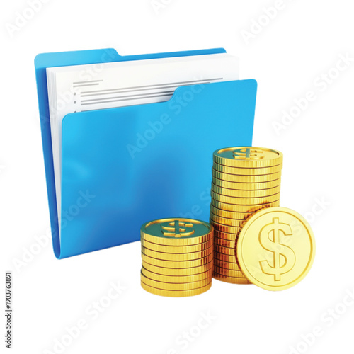 Blue folder containing papers sits next to stacks of gold coins and a larger coin with a dollar sign. The image conveys financial stability and data management.