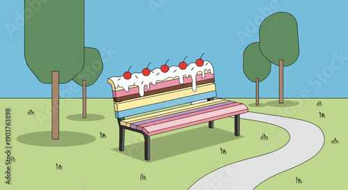 Whimsical Dessert Inspired Park Bench with Cherry Topping Amidst Greenery and Winding Path