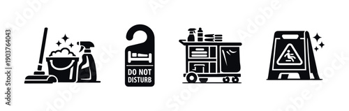 Cleaning tools and supplies icons: flat vector illustration