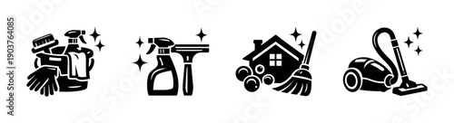 Cleaning tools and equipment icons in black and white, flat vector illustration