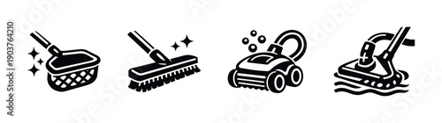 Pool cleaning equipment icons, flat vector illustration