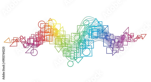 Vibrant geometric wave pattern featuring a dynamic blend of colorful abstract shapes and lines