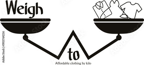 A creative conceptual logo featuring a balanced weighing scale with a shirt, dress, and t-shirt. Perfect for businesses selling affordable clothing by weight or kilo.