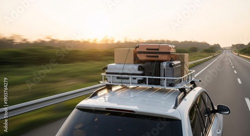 Car with luggage on roof rack driving on a highway at sunset, ready for a long road trip adventure.