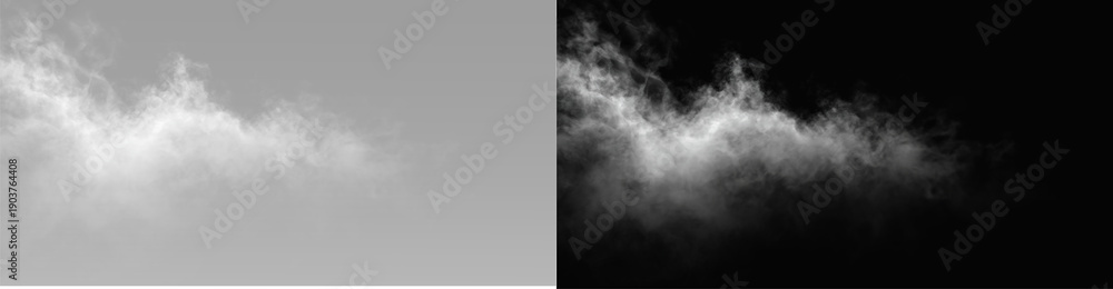 Fototapeta premium Diffuse gray smoke forms gentle layered trails with soft airy transparency and subtle fading glow. Light haze effect for cinematic overlays. Gray smoke PNG overlay effect cloud design