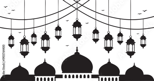 Islamic Ramadan Lanterns and Mosque Silhouette Vector Illustration