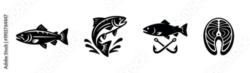 Fish and fishing elements in black silhouette, flat vector illustration