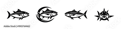 Stylized fish designs in black and white, flat vector illustration