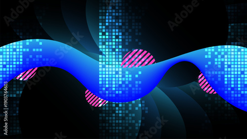 Pixel digital technology background. Futuristic computer network glitch. Geometric shape blue and pink elements. Abstract sound wave design