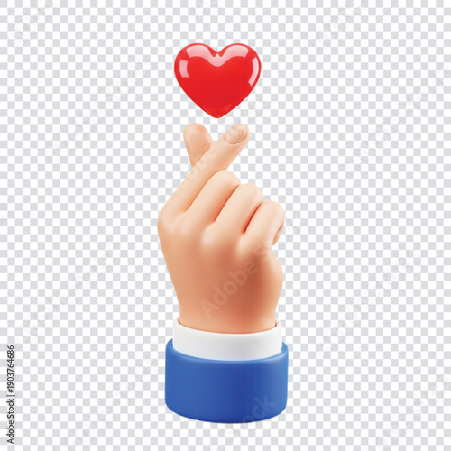 3D cartoon hand with a blue sleeve, fingers crossed in a gesture, with a red heart floating above. The image conveys love and affection.